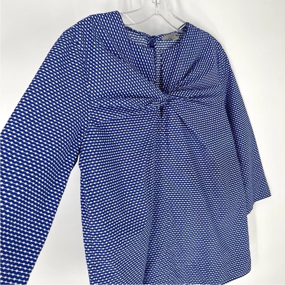 COS Blouse Womens Size 8 Blue White Graphic Pattern Twist Keyhole Neck Cotton - Picture 2 of 10